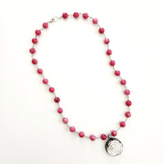 0--STRAWBERRY JADE NECKLACE W/ MOTHER OF PEARL ROSE-25"