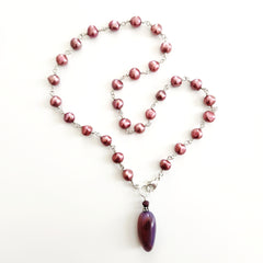 DARK ROSE PEARL NECKLACE WITH PURPLE AGATE DROP-19"