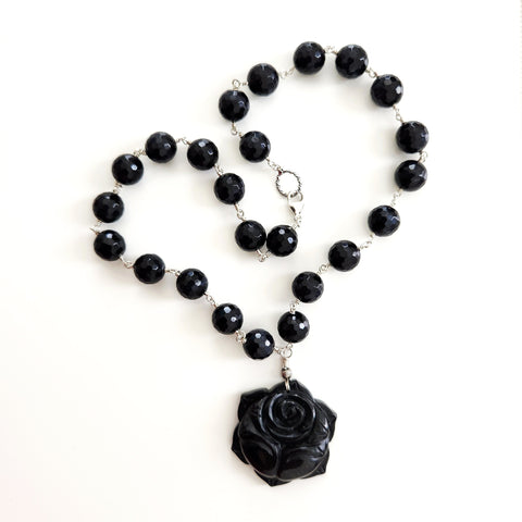 BLUE TIGERS EYE WITH BLACK ROSE NECKLACE-19"