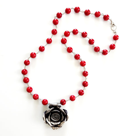 RED CORAL NECKLACE W/ ROSE PENDANT-24IN