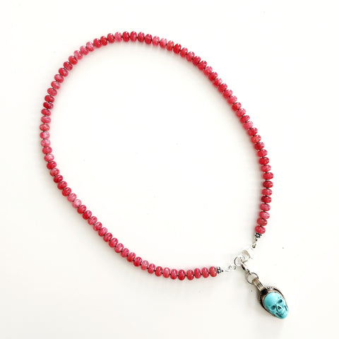 ROSE JADE NECKLACE W/ SKULL PENDANT-18"
