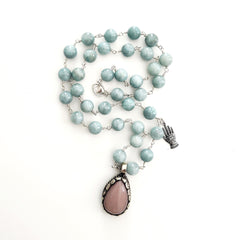 GREEN JADE NECKLACE WITH ROSE QUARTZ PENDANT-24"