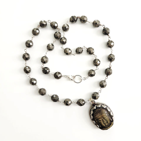PYRITE NECKLACE WITH BUDDHA PENDANT-24"