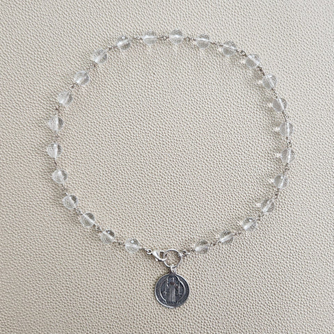 CLEAR QUARTZ NECKLACE W/ ST BENEDICT MEDAL-16"