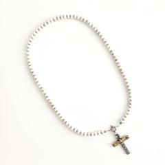 00--WHITE MAGNESITE TURQUOISE NECKLACE W/ EAGLE CROSS--24"