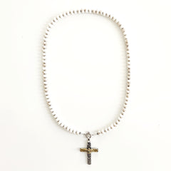 00--WHITE MAGNESITE TURQUOISE NECKLACE W/ EAGLE CROSS--24"