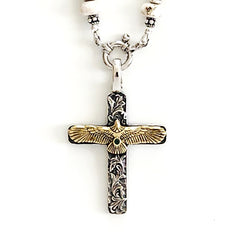 00--WHITE MAGNESITE TURQUOISE NECKLACE W/ EAGLE CROSS--24"
