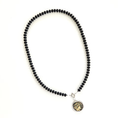 00--BLACK ONYX NECKLACE W/ GREEK COIN PENDANT--24"
