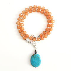 0--ORANGE JADE NECKLACE W/ TURQUOISE DROP--16"