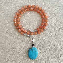 0--ORANGE JADE NECKLACE W/ TURQUOISE DROP--16"