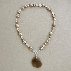 0--GOLD PEARL MIX NECKLACE W/ AGATE DROP--18"