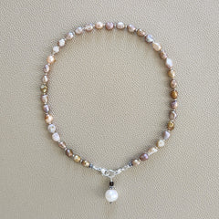 0--NATURAL PURPLE PEARL NECKLACE W/ PEARL DROP--16"