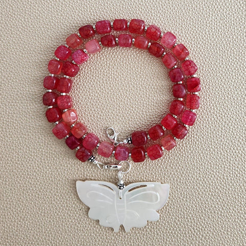0--RED CRACKLE AGATE NECKLACE W/ BUTTERFLY--18"