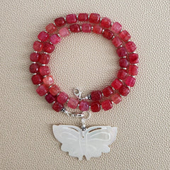 0--RED CRACKLE AGATE NECKLACE W/ BUTTERFLY--18"