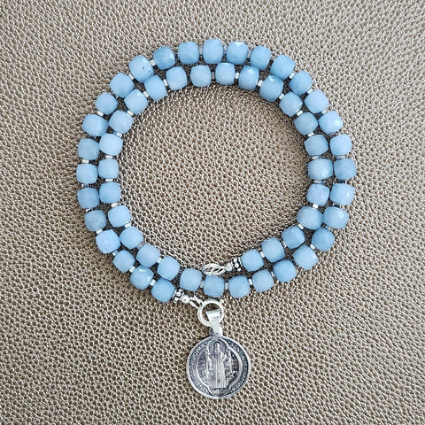 0--SKY BLUE JADE NECKLACE W/ 925 SAINT BENEDICT--18"