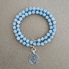 0--SKY BLUE JADE NECKLACE W/ 925 SAINT BENEDICT--18"