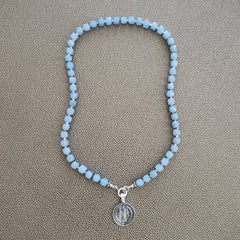 0--SKY BLUE JADE NECKLACE W/ 925 SAINT BENEDICT--18"