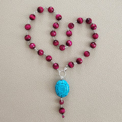 HOT PINK TIGERS EYE NECKLACE W/ CARVED BEAD DROP-18"
