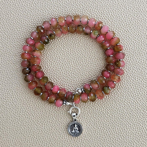 0--PINK GREEN JADE NECKLACE W/ MINI BUDDHA--16"
