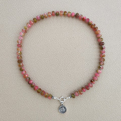 0--PINK GREEN JADE NECKLACE W/ MINI BUDDHA--16"