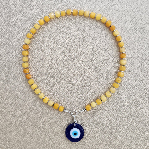 0--CLOUDY YELLOW JADE NECKLACE W/ EYE PENDANT--16"