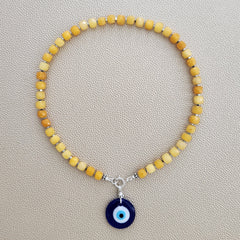 0--CLOUDY YELLOW JADE NECKLACE W/ EYE PENDANT--16"