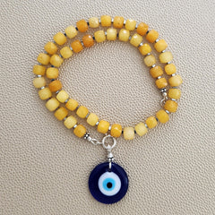 0--CLOUDY YELLOW JADE NECKLACE W/ EYE PENDANT--16"