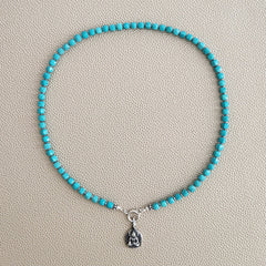 0--MINI TURQUOISE CUBE NECKLACE W/ MINI BUDDHA--16"