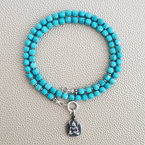 0--MINI TURQUOISE CUBE NECKLACE W/ MINI BUDDHA--16"