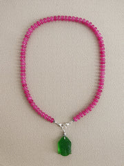 0--FUCHSIA JADE NECKLACE W/ GREEN BUDDHA PENDANT--20"