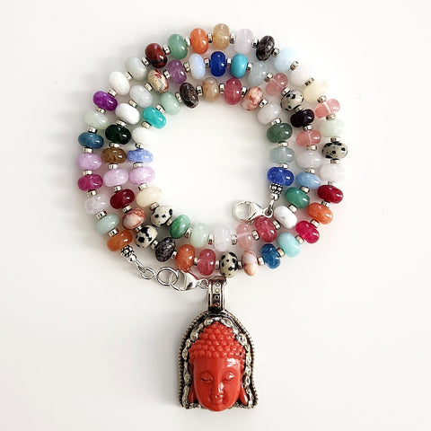 0--JELLYBEAN CANDY COLORED MIXED GEMSTONE NECKLACE W/ BUDDHA PENDANT-22"