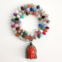 0--JELLYBEAN CANDY COLORED MIXED GEMSTONE NECKLACE W/ BUDDHA PENDANT-22"