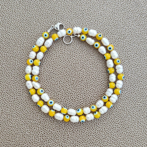 EYE BEADS & PEARL NECKLACE-YELLOW-19"