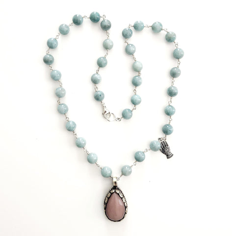 GREEN JADE NECKLACE WITH ROSE QUARTZ PENDANT-24"