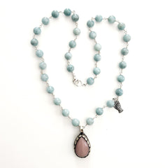 GREEN JADE NECKLACE WITH ROSE QUARTZ PENDANT-24"