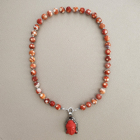 0--ORANGE DREAM FIRE AGATE NECKLACE W/ BUDDHA PENDANT--20"