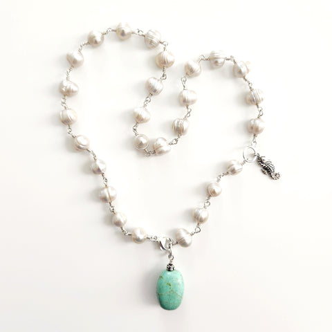 0--CREAM PEARLS WITH TURQUOISE DROP NECKLACE-18"