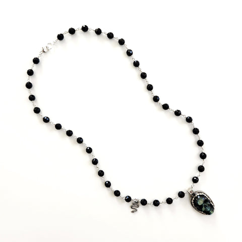 0--BLACK ONYX (8MM) NECKLACE WITH SKULL PENDANT-24"