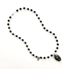 BLACK ONYX (8MM) NECKLACE WITH SKULL PENDANT-24"