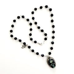 BLACK ONYX (8MM) NECKLACE WITH SKULL PENDANT-24"