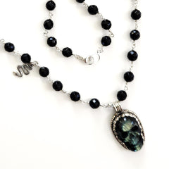 BLACK ONYX (8MM) NECKLACE WITH SKULL PENDANT-24"