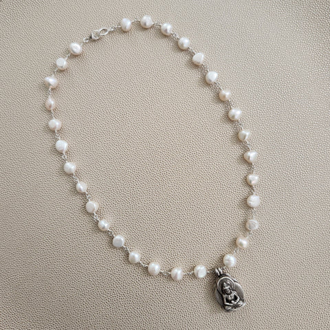 WHITE PEARL NECKLACE WITH BUDDHA PENDANT-22"