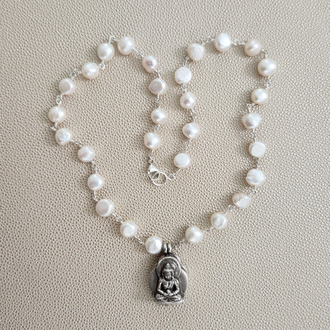 WHITE PEARL NECKLACE WITH BUDDHA PENDANT-22"