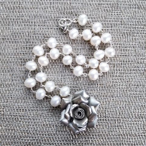 Y--WHITE PEARL NECKLACE WITH ROSE PENDANT-17"