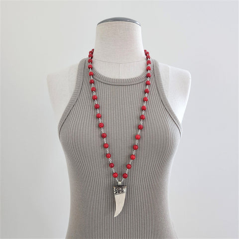 RED CORAL NECKLACE WITH BONE CLAW PENDANT-33IN