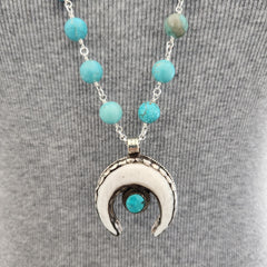 TURQUOISE (10MM) NECKLACE WITH CRESCENT MOON PENDANT-34"