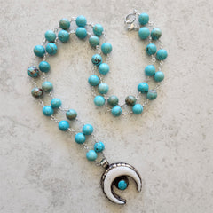 TURQUOISE (10MM) NECKLACE WITH CRESCENT MOON PENDANT-34"