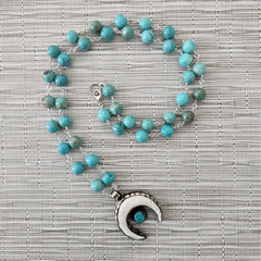 TURQUOISE (10MM) NECKLACE WITH CRESCENT MOON PENDANT-34"