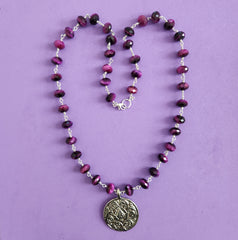 PURPLE TIGERS EYE NECKLACE WITH LOTUS PENDANT-24"