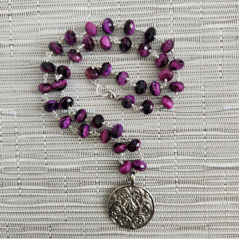 PURPLE TIGERS EYE NECKLACE WITH LOTUS PENDANT-24"